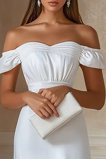 White Off the Shoulder Satin Sheath Graduation Dress